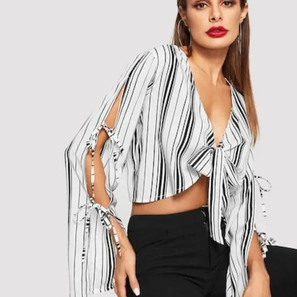 Split Bell sleeve tie front crop top - Picture 1 of 4